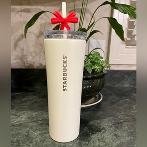 *NWT* Starbucks White Stainless Steel Tumbler Red Ribbon on Straw Christmas 2025